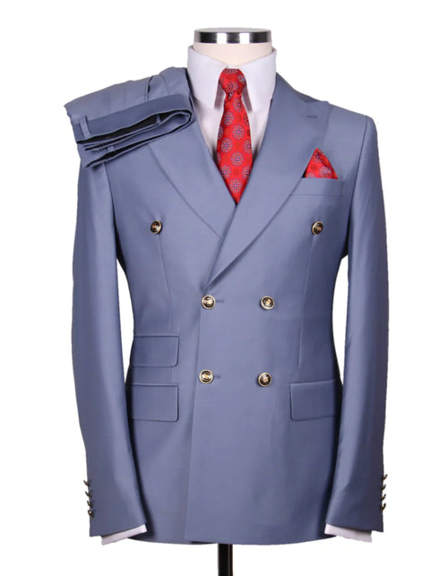 Mens Double breasted Suit - "Tiffany Blue" 1920s 1980s Style Peak Lapel Suits -Â  Back Side VentedÂ  Mens Designer Modern Fit Double Breasted Wool Suit with Gold Buttons in Tiffany Blue