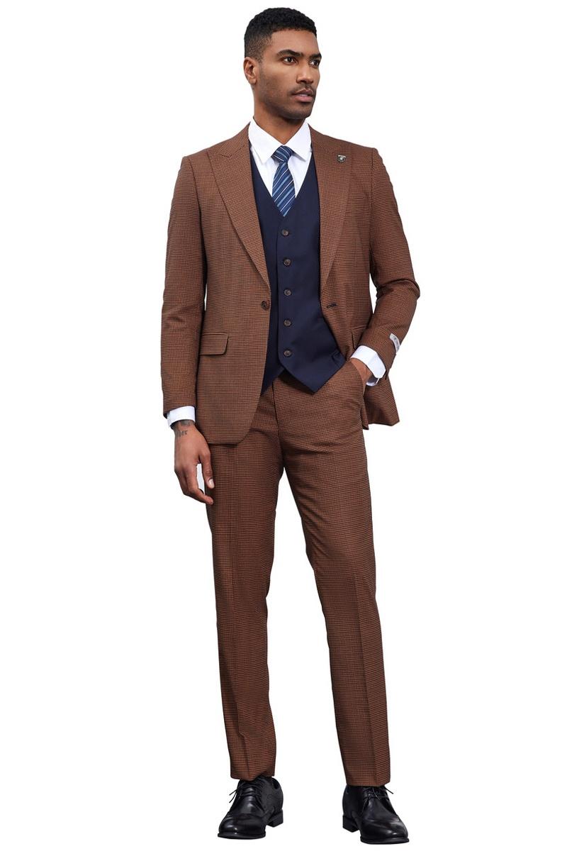 Men's Stacy Adams One Button Peak Lapel Vested Micro Check in Cognac Brown with a Navy Vest - 38 Regular