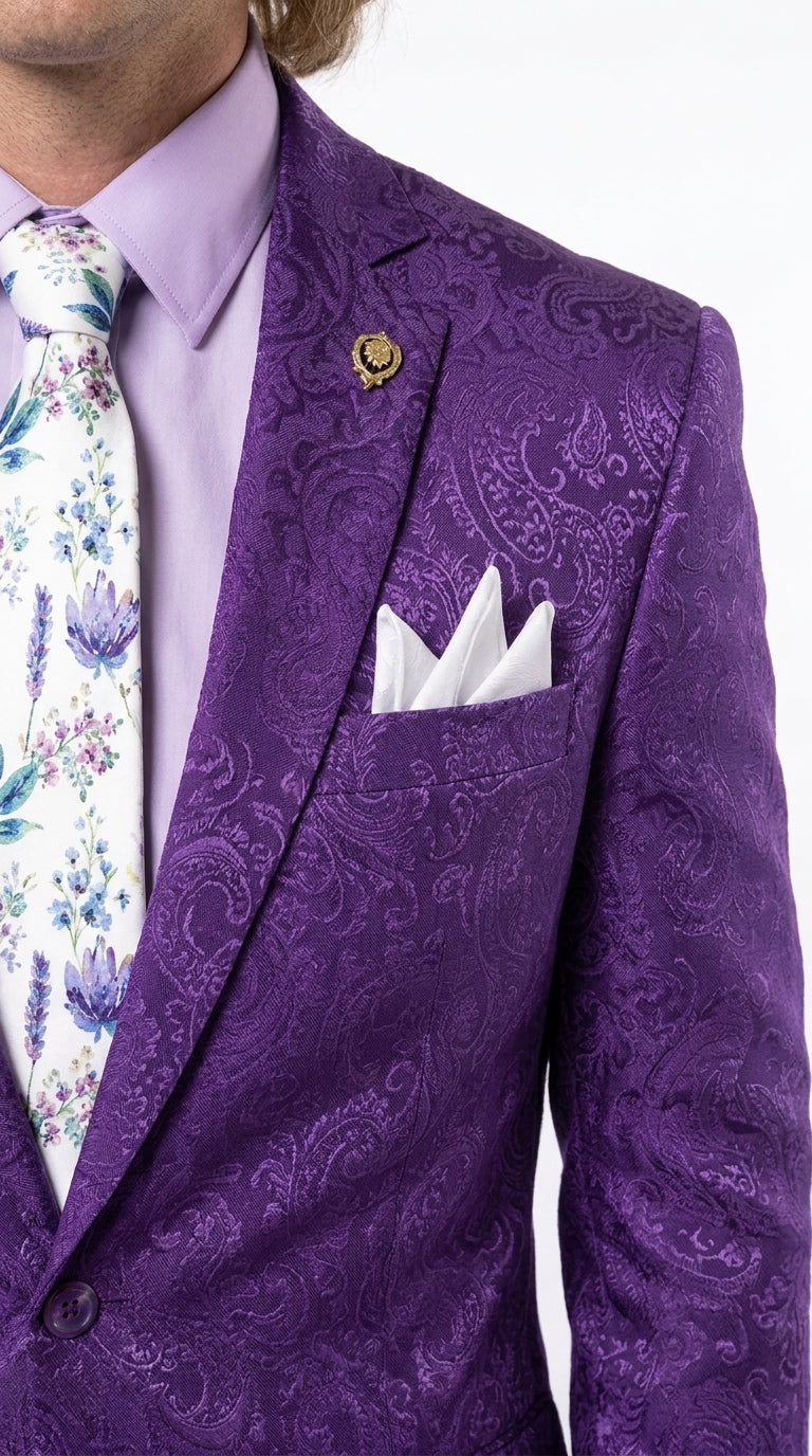 Men’s Purple Paisley 2-Piece Suit – 1970s Disco, Retro Rockabilly, Prom and Party Suit - 34 Short or Extra Small