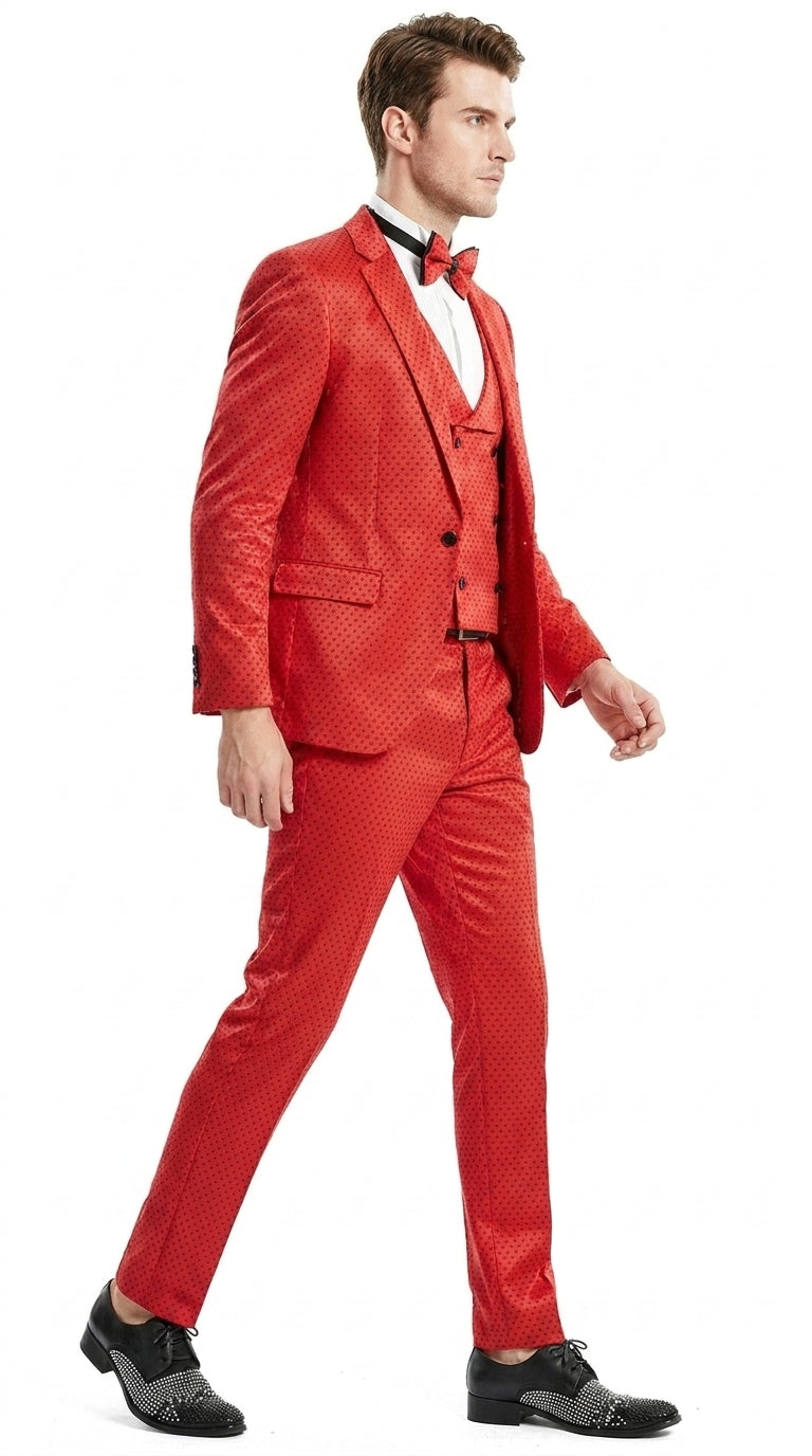 Tazio Men’s Cherry Red and Black  Polka-Dot 3-Piece Suit – Skinny Fit Prom, Wedding and Party Suit or Tuxedo - 34 Short or Extra Small