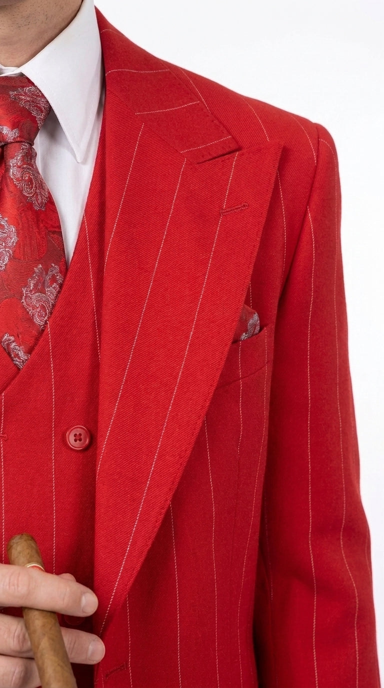 1920s Christmas Holiday Gangster Men’s Red Pinstripe 3-Piece Suit – Peak Lapel Classic Fit Pleated Pants - 34 Short or Extra Small