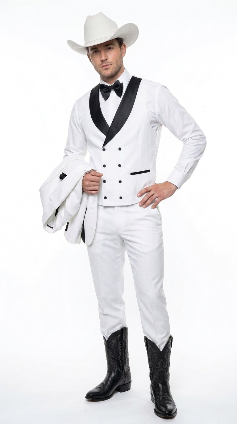 Men’s White and Black Western Wedding Tuxedo – Cowboy Style 3-Piece Traje para Boda with Double-Breasted Vest - 34 Short or Extra Small