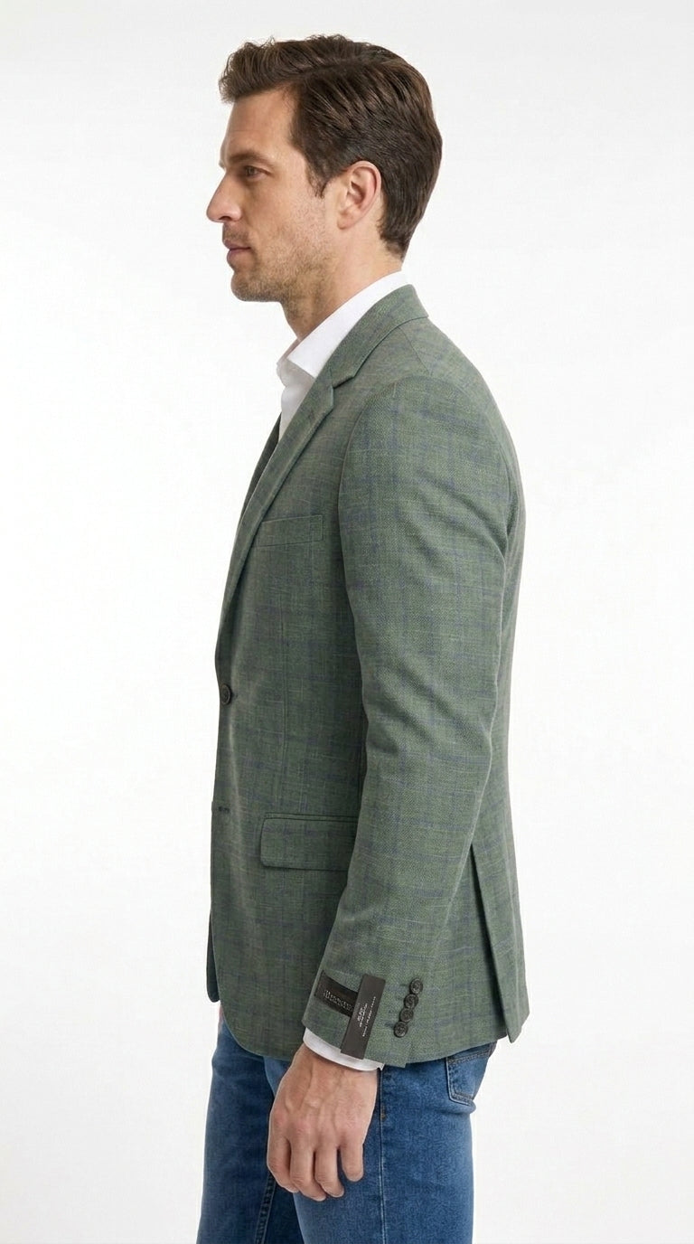 Men’s Sage Green Windowpane 2-Piece Suit – Modern Fit Plaid Wedding, Business and Formal Suit - 36 Short