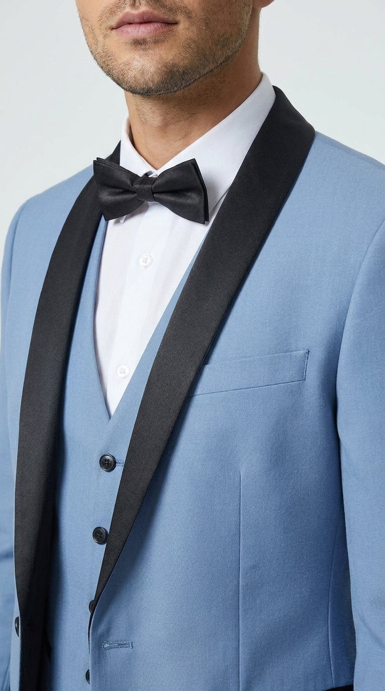 Men’s Powder Blue 3 Piece Tuxedo Suit – Light Blue Shawl Lapel Wedding Prom Suit with Vest - 34 Short or Extra Small