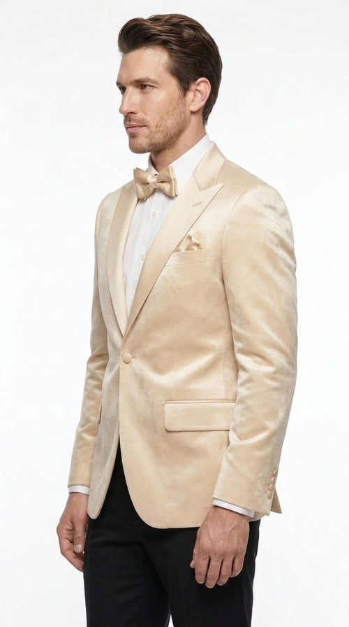 Men’s Champagne Tuxedo Dinner Jacket – Satin Finish Formal Wedding Prom Blazer and Bowtie included