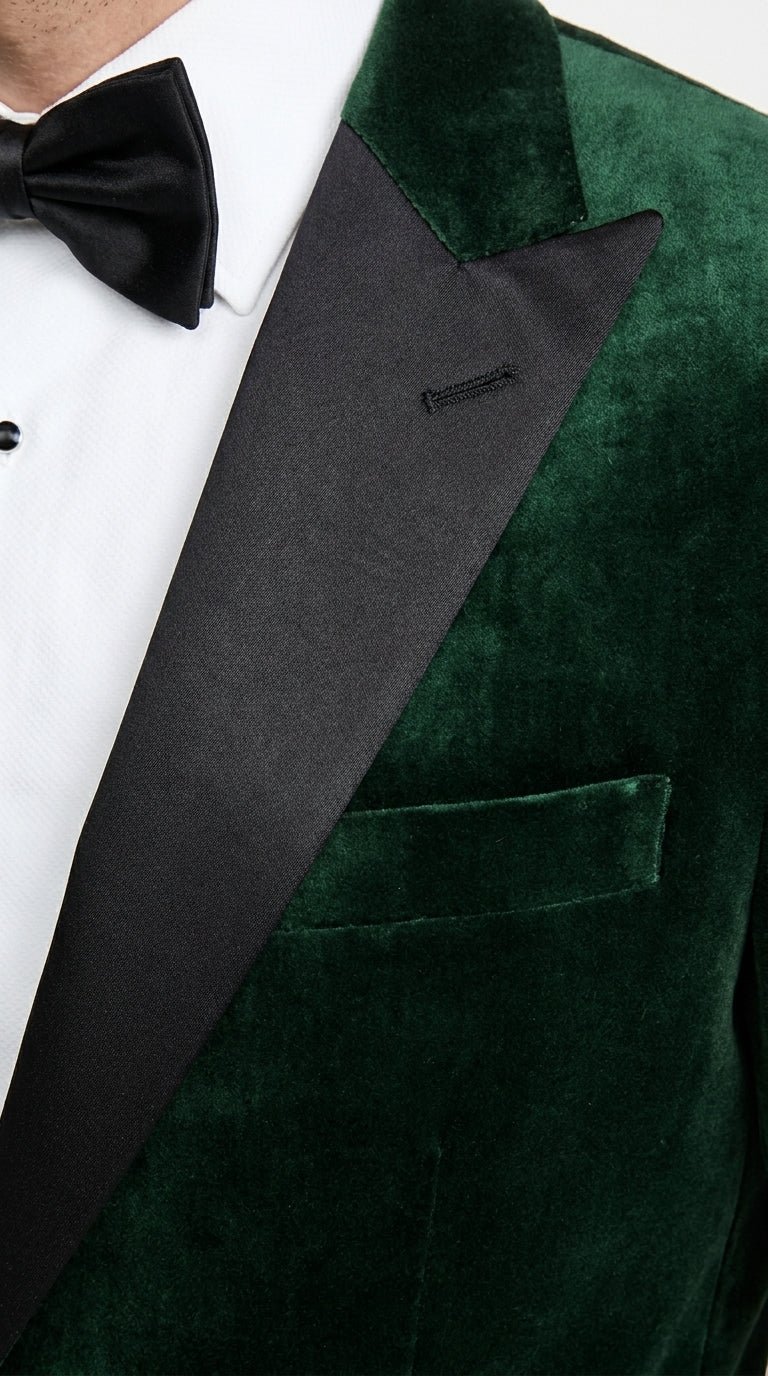 Men’s Olive Green Velvet Tuxedo Dinner Jacket – Black Satin Peak Lapel Formal Prom Wedding Blazer - 34 Short or Extra Small