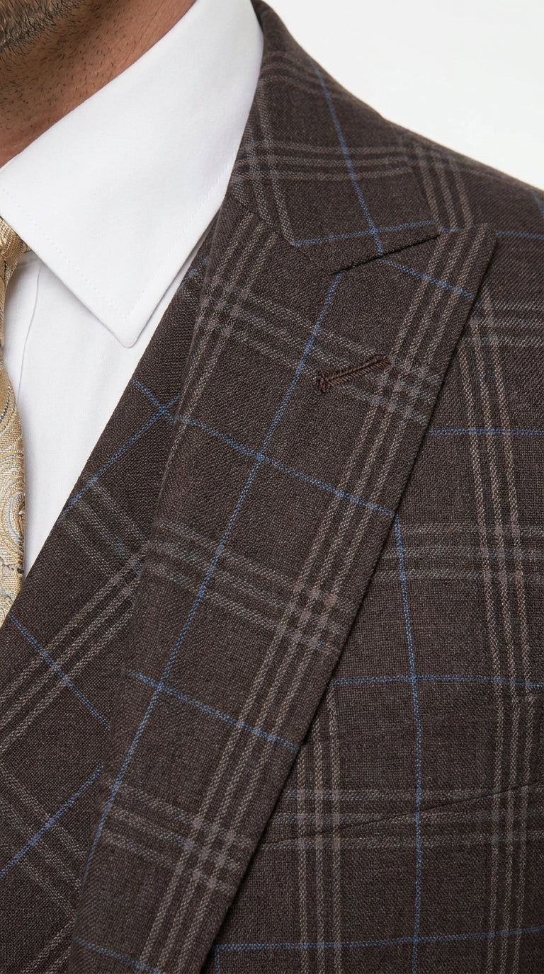 Men’s Vitali 3PC Suit – Choclate Brown and blue Plaid Check 3-Piece Suit with Double-Breasted Vest Modern Fit Side Vented