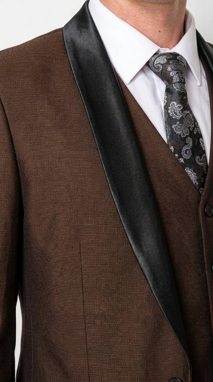 Men’s Chocolate Brown 3-Piece Tuxedo Suit with Black Satin Shawl Lapel – Shawl Collar Vested