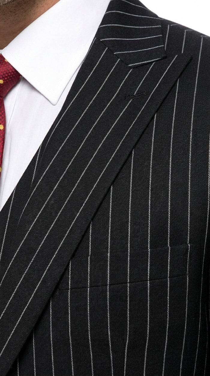 Men’s Black Skeleton Bone Pinstripe 3 Piece Suit – Gangster Style Striped Suit with Vest