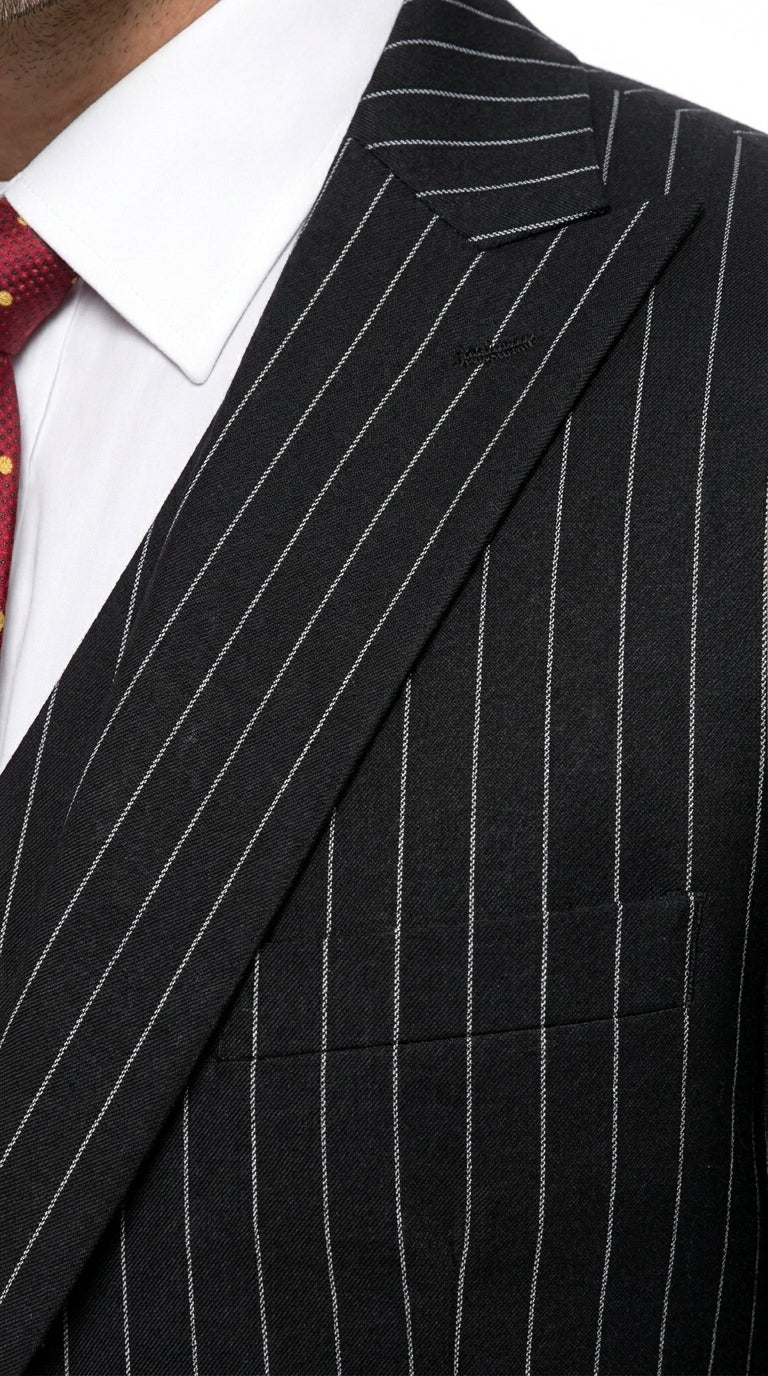 Men’s Black Skeleton Bone Pinstripe 3 Piece Suit – Gangster Style Striped Suit with Vest