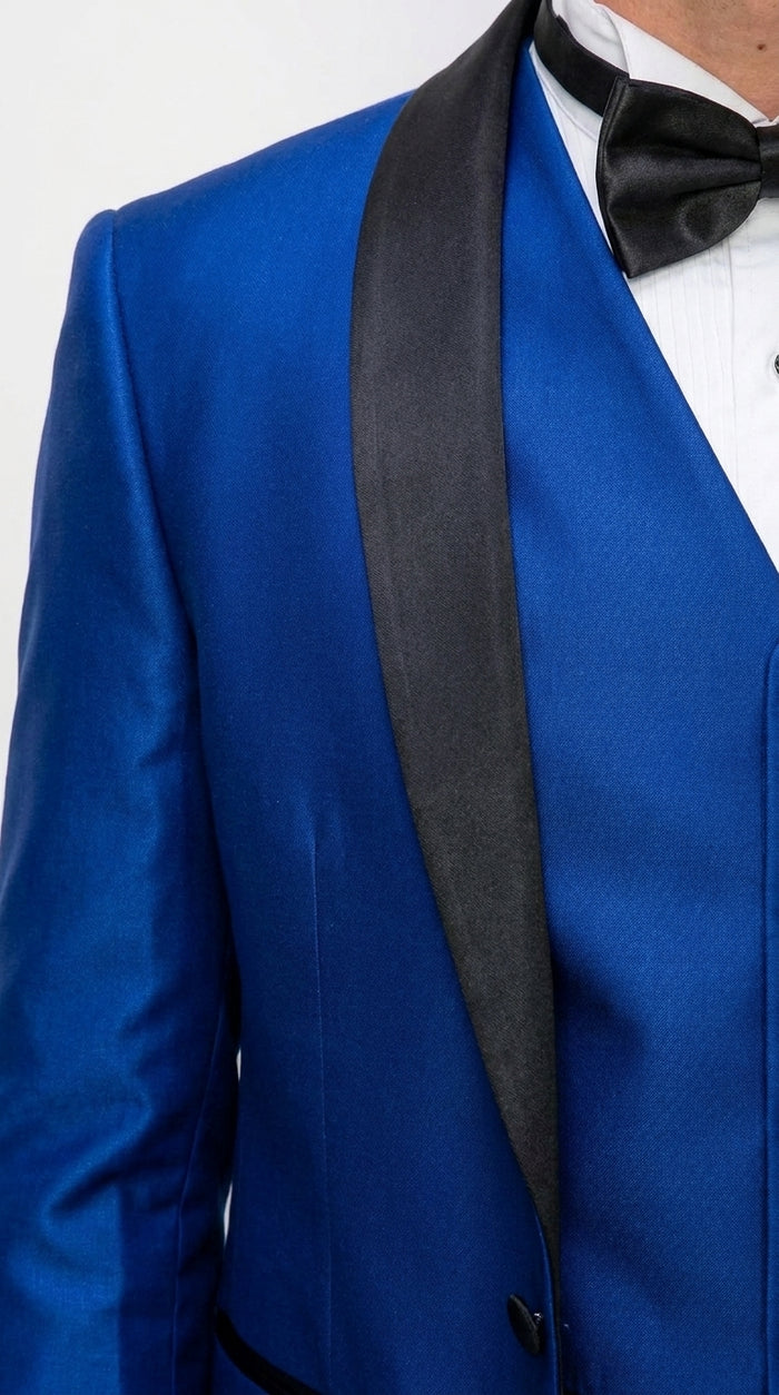 Men’s Shiny Royal Blue 3 Piece Tuxedo – Vested Wedding & Prom Suit with Black Shawl Lapel