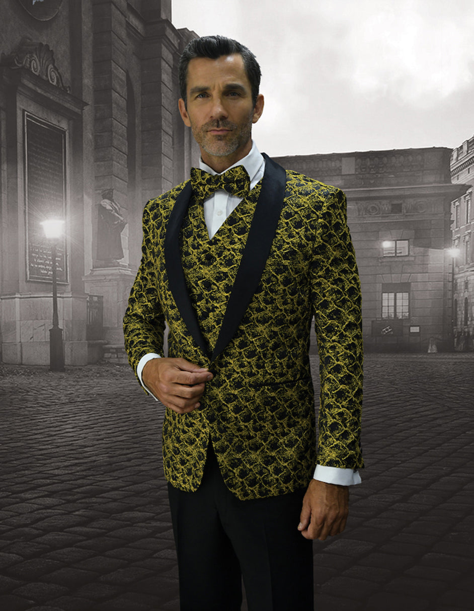 Mens Vested Floar Pattern Shawl Lapel Tuxedo in Gold - 36 Short