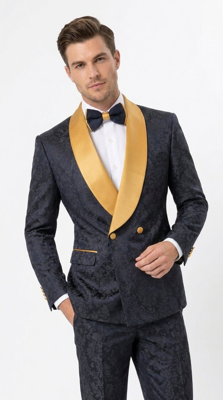 Men’s Black and Gold Hollywood Tuxedo – Double-Breasted Shawl Lapel Prom, Wedding and Formal Suit - 34 Short or Extra Small