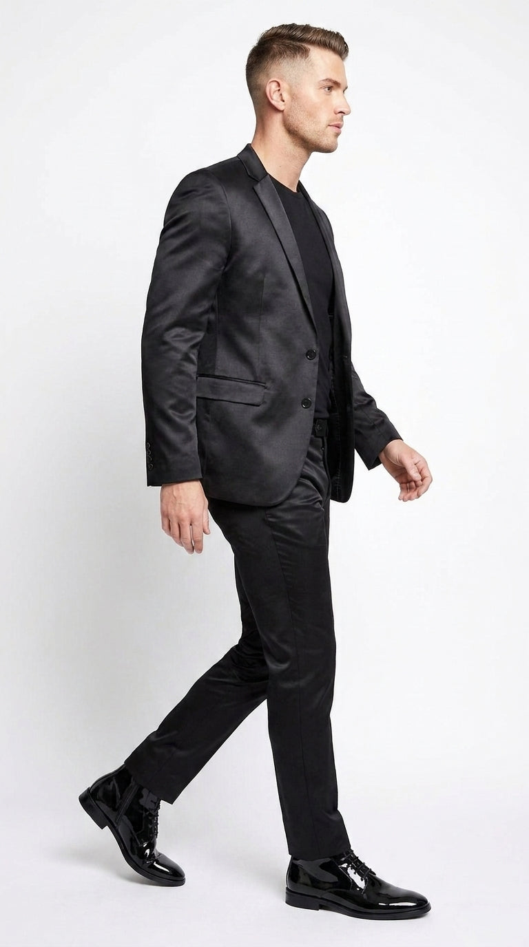 Men’s Black Shiny Sharkskin 2 Piece Suit, Formal Wedding Prom Party Dress Suit - 34 Short or Extra Small