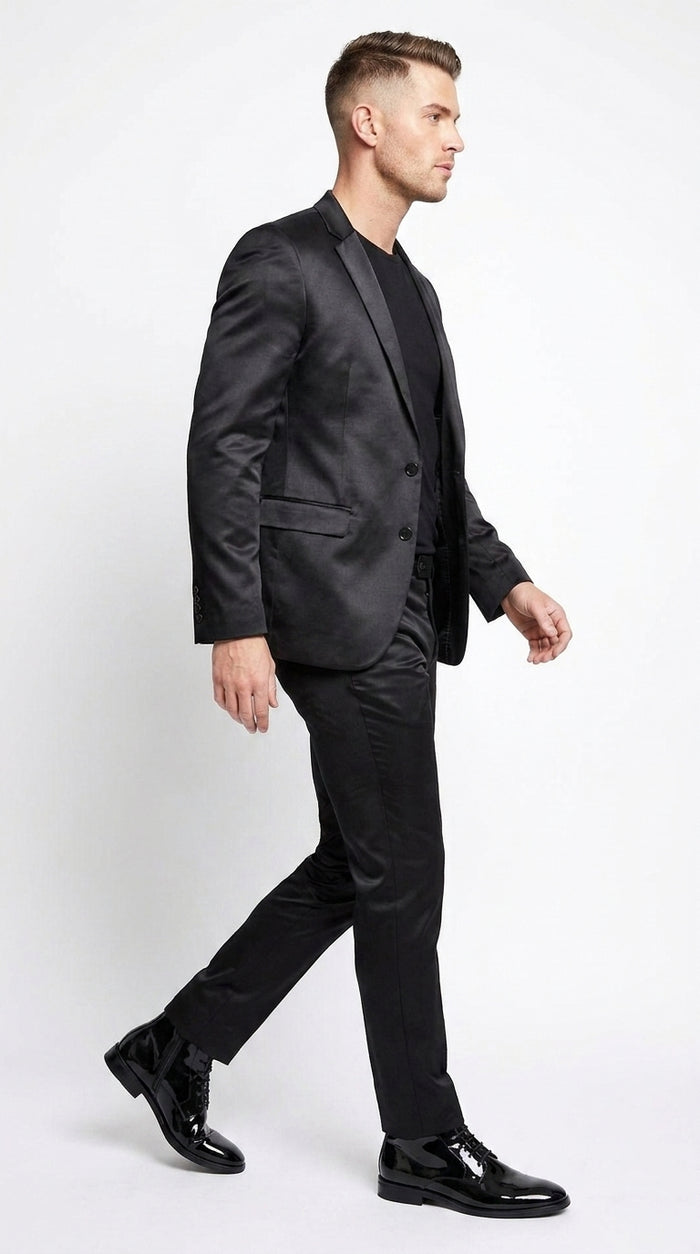 Men’s Black Shiny Sharkskin 2 Piece Suit, Formal Wedding Prom Party Dress Suit