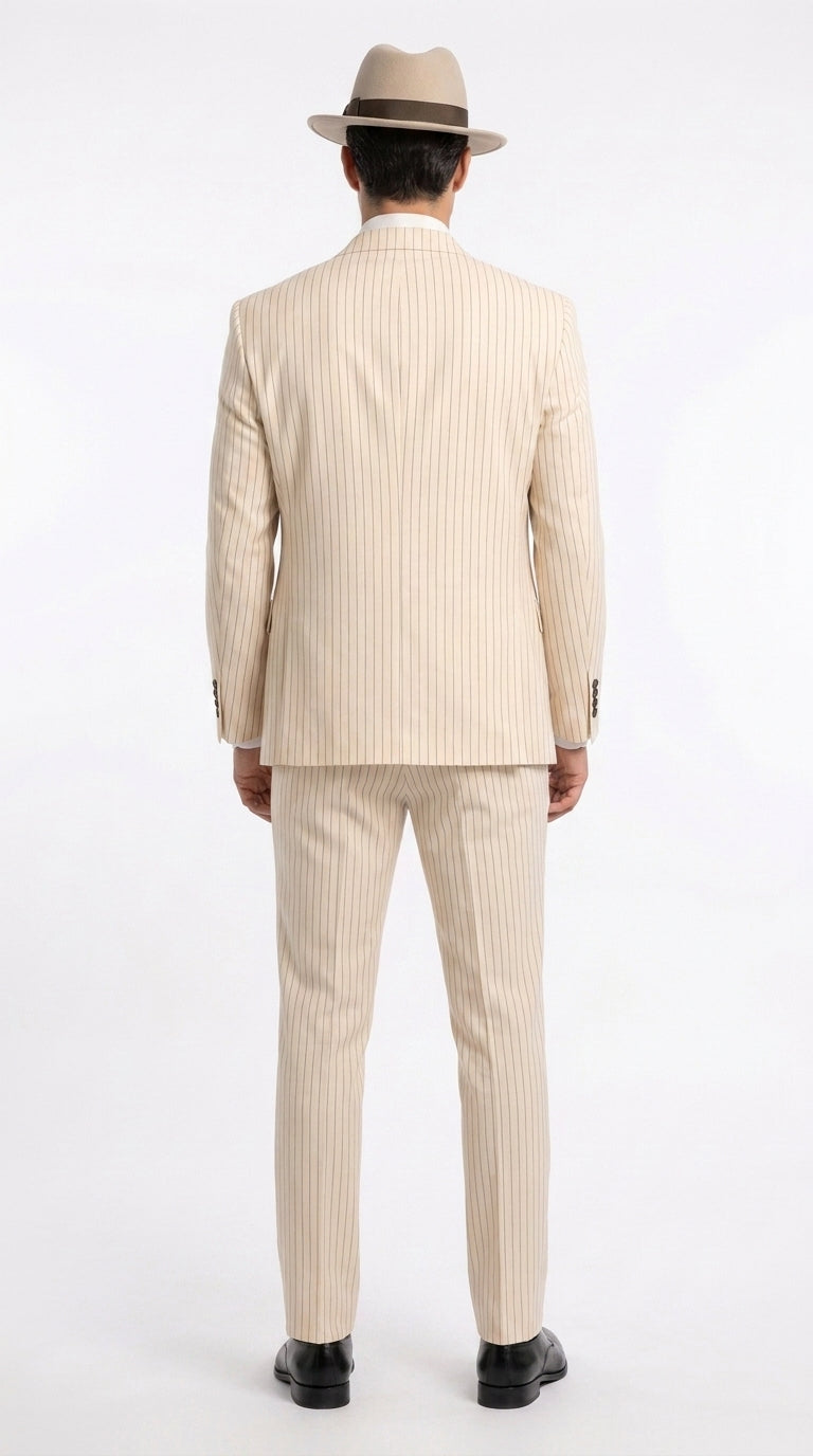Men’s Ivory Cream Pinstripe Scarface Suit – Vintage Gangster Modern Fit 3-Piece Wedding Suit - 34 Short or Extra Small