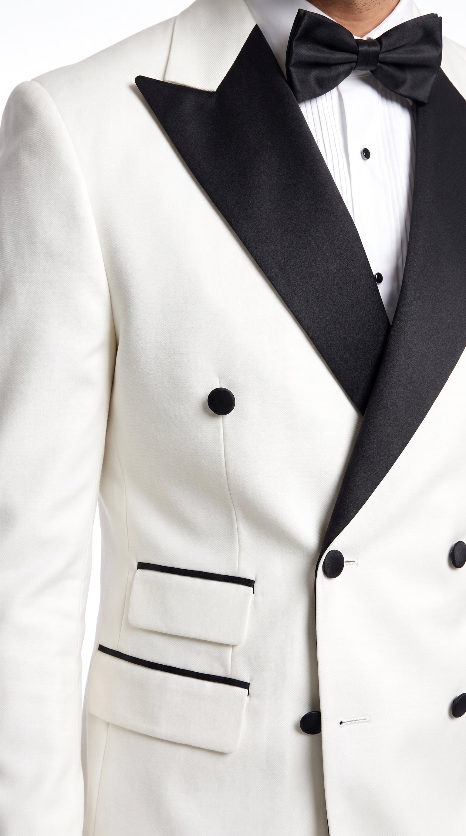 Men’s Vintage Hollywood Ivory Double-Breasted Tuxedo – Black Peak Lapel Wedding and Formal Suit - 34 Short or Extra Small