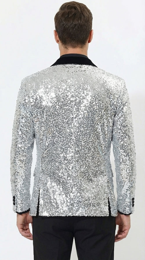 Men’s Silver Sequin Blazer Disco Style Jacket – Black Lapel Party Blazer, Shiny Evening Wear, 70s Dance Outfit, Formal Event Jacket