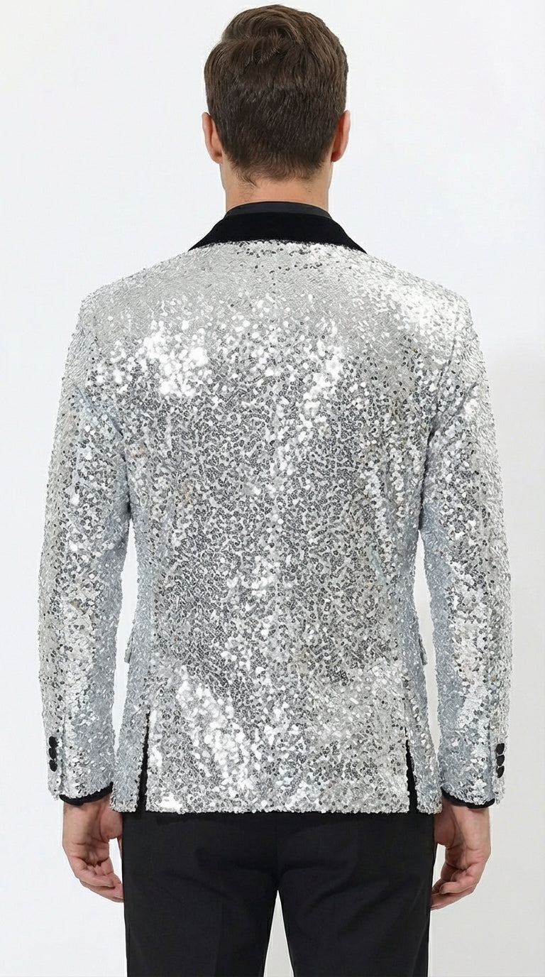 Men’s Silver Sequin Blazer Disco Style Jacket – Black Lapel Party Blazer, Shiny Evening Wear, 70s Dance Outfit, Formal Event Jacket - 34 Short