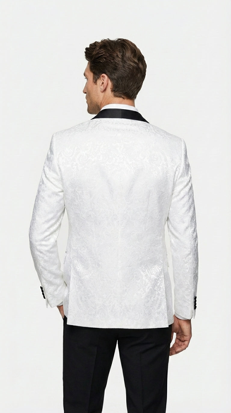 Men’s White Dinner Jacket Disco Blazer 1980s Sequin Style Jacket – Black Lapel Party Blazer, Formal Masquerade Club Wear Paisley Fabric + Bowtie - 34 Short