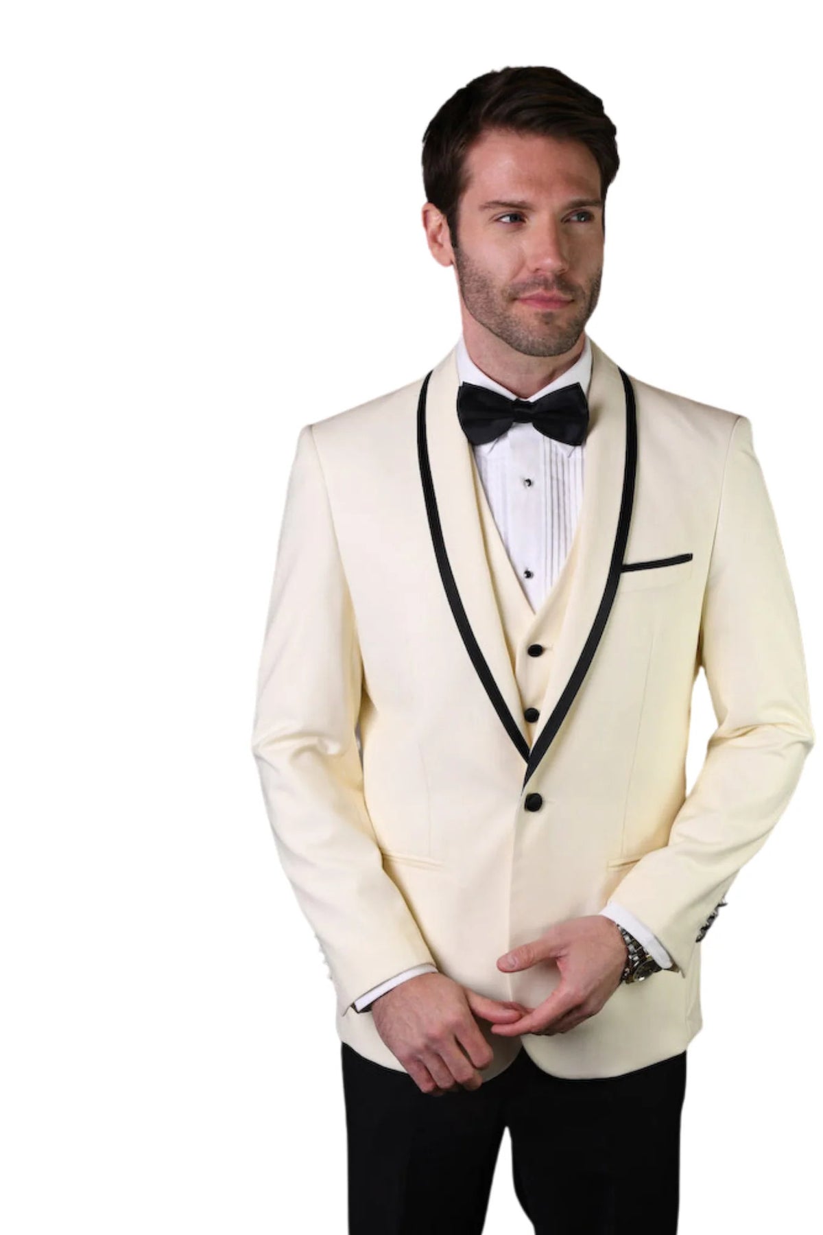 3-Piece Tailored Fit Wool Suit with Bow Tie and Flat Front Pants - Off White