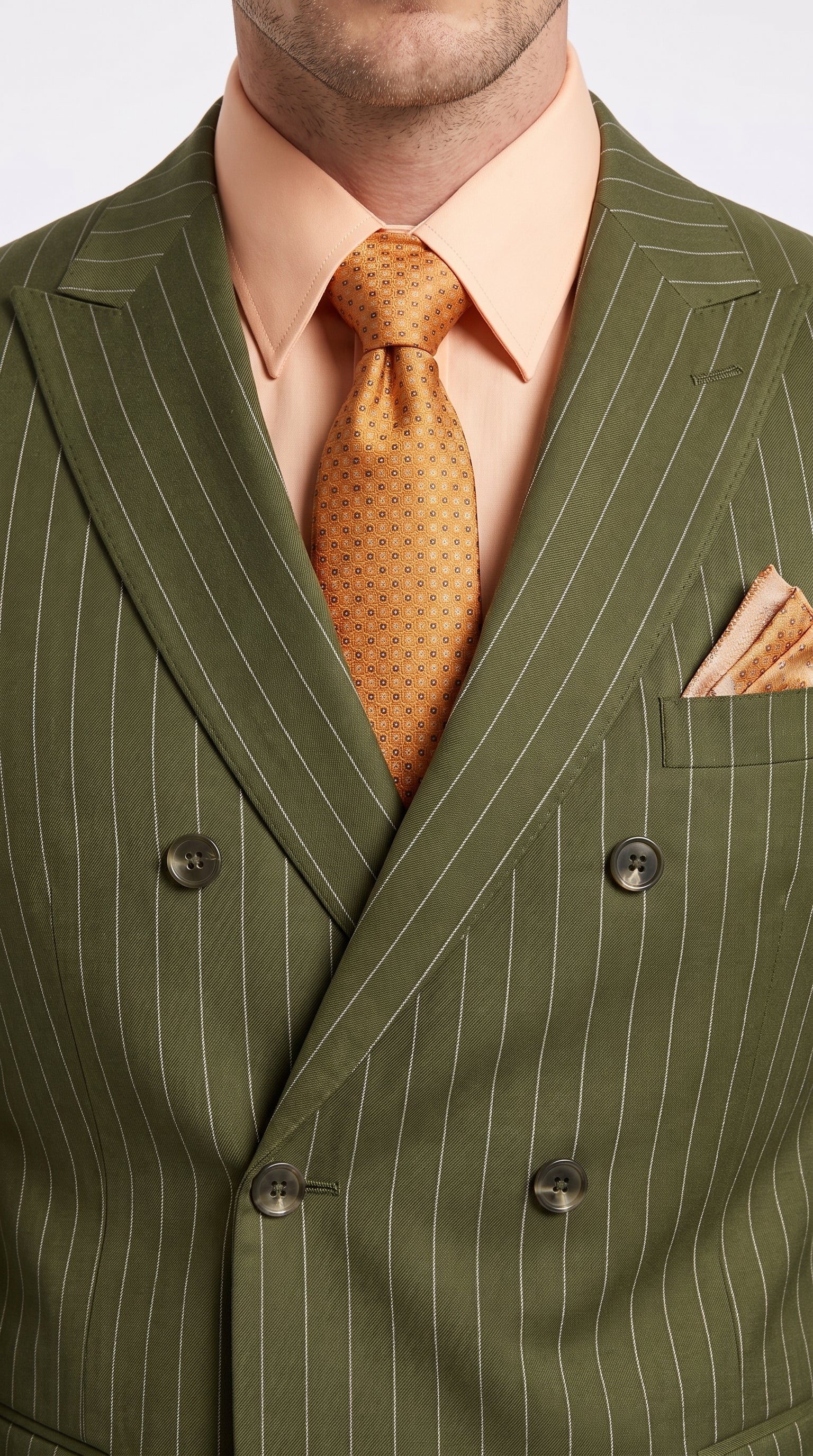 Men’s Olive Green Pinstripe Double-Breasted Suit – Classic Wedding, Business and Formal Suit - 34 Short or Extra Small