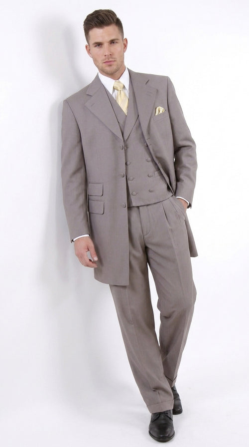 Men’s Light Kahki Sand 3-Piece Suit – Six-Button Jacket with Double-Breasted Vest and Pleated Pants Tan Color