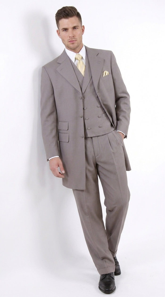 Men’s Light Kahki Sand 3-Piece Suit – Six-Button Jacket with Double-Breasted Vest and Pleated Pants Tan Color