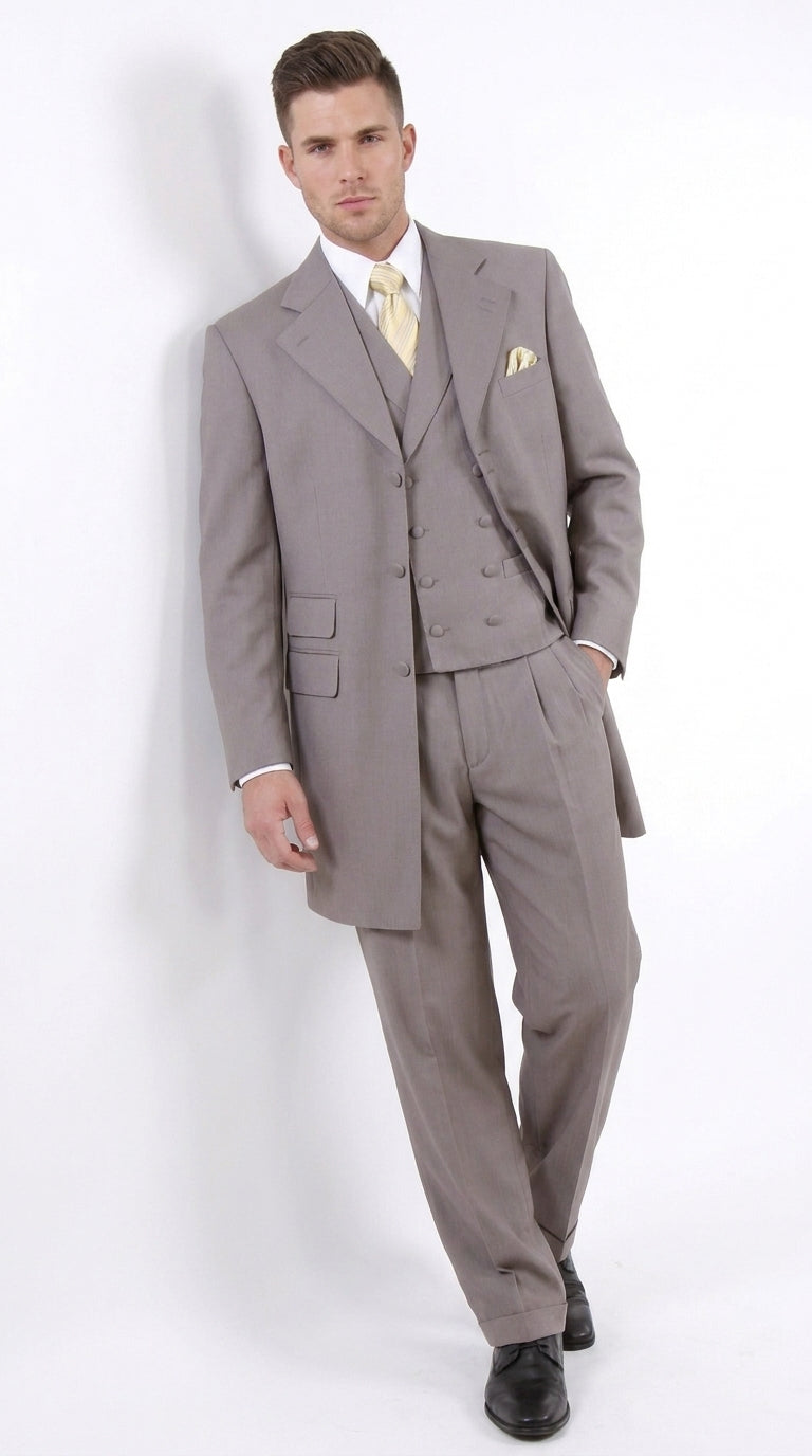 Men’s Light Kahki Sand 3-Piece Suit – Six-Button Jacket with Double-Breasted Vest and Pleated Pants Tan Color