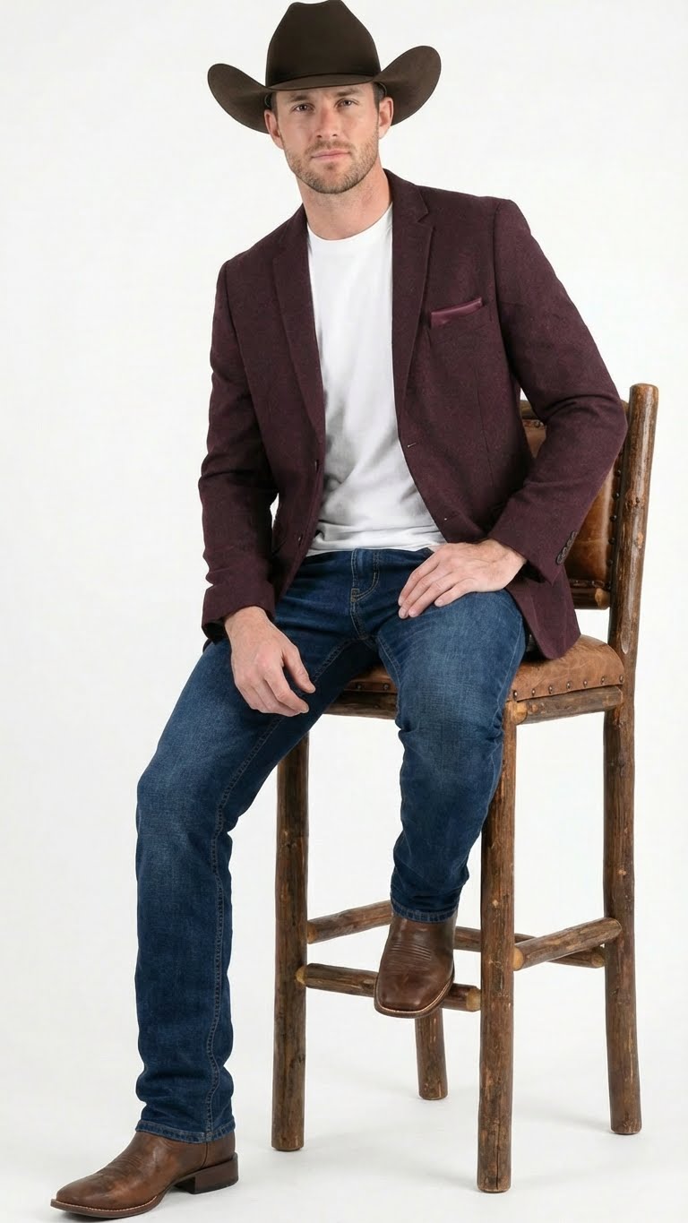 Men’s Burgundy Western  Blazer Jacket, Textured Cowboy Style Sport Coat for  - Tweed Herringbone Maroon Color - 36 Short