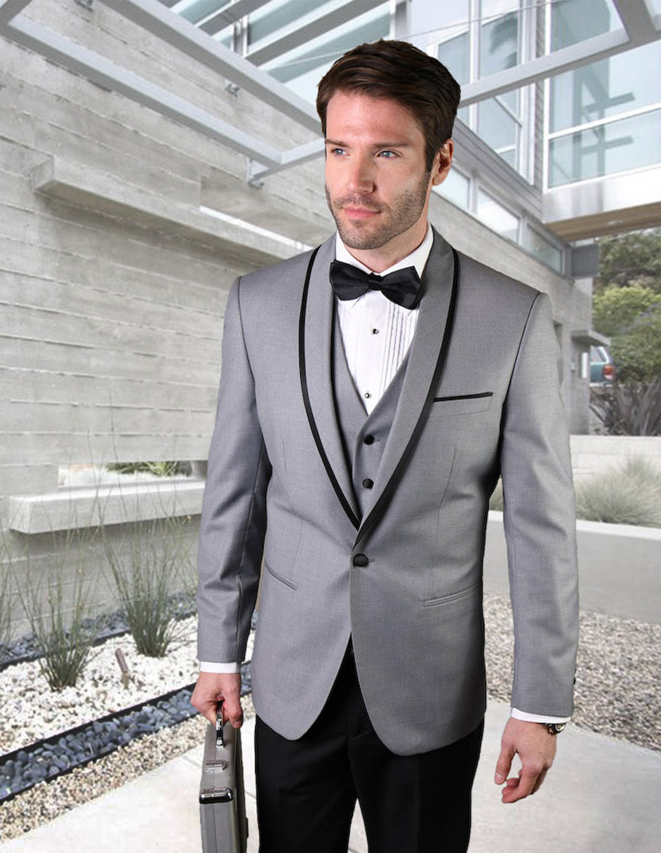 Mens Vested Wool Tuxedo in Shawl Lapel with Satin Trim in Grey & Black - 38 Short