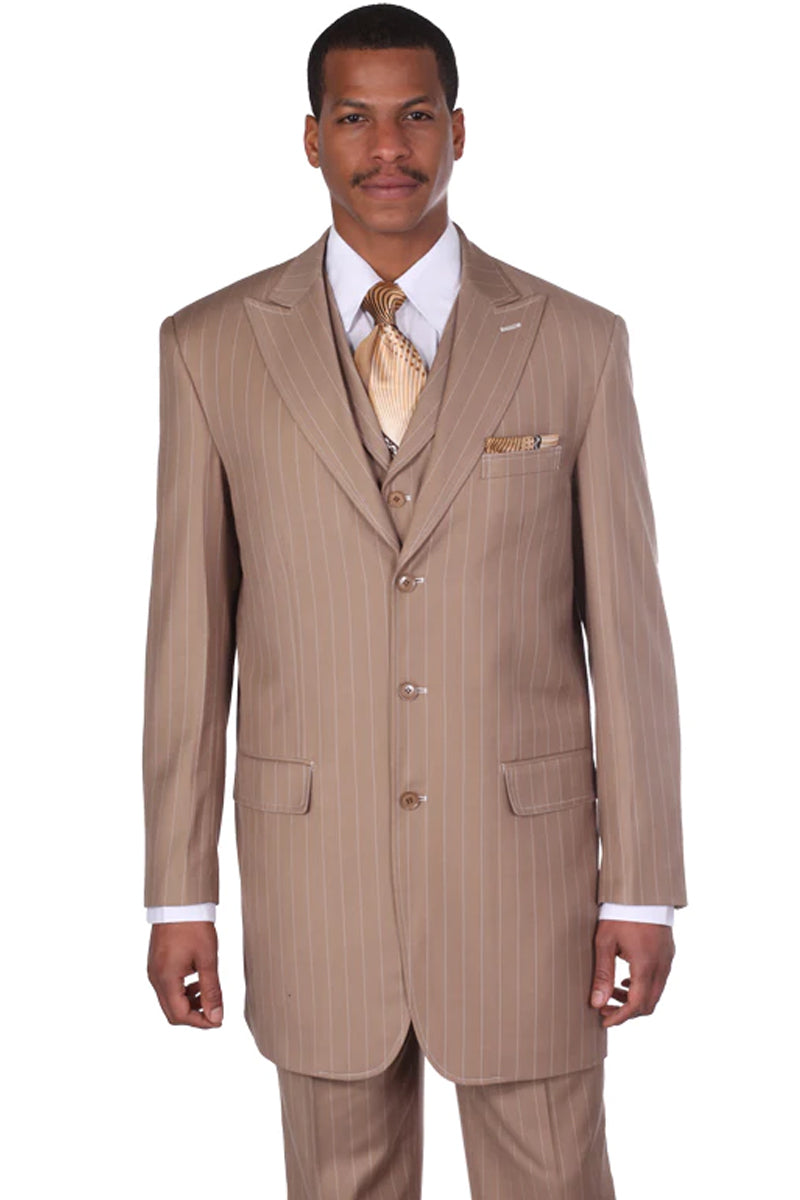 "Vintage Gangster Pinstripe Men's Suit with Vest - Bold Tan Fashion"