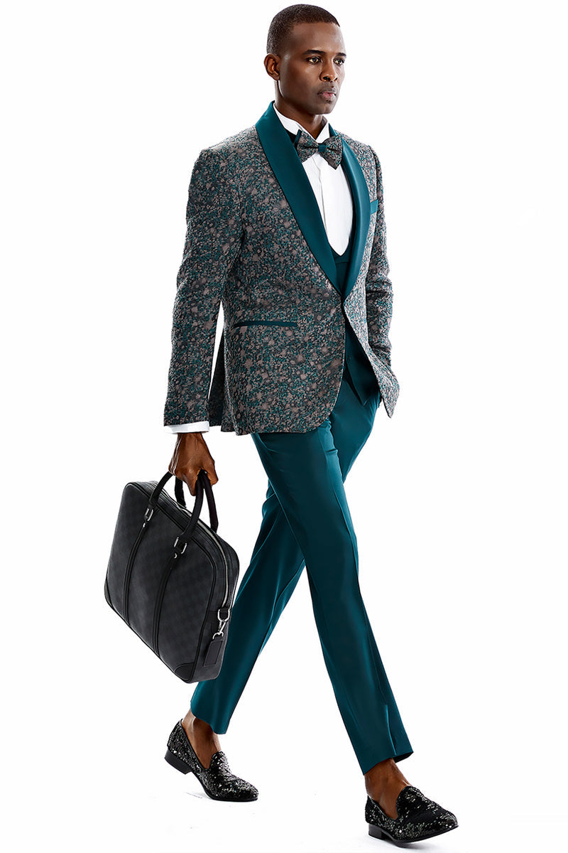 "Vintage Splatter Print Men's Prom 2026 Tuxedo - One Button, Shawl Lapel, Vested, Green" - 34 Short