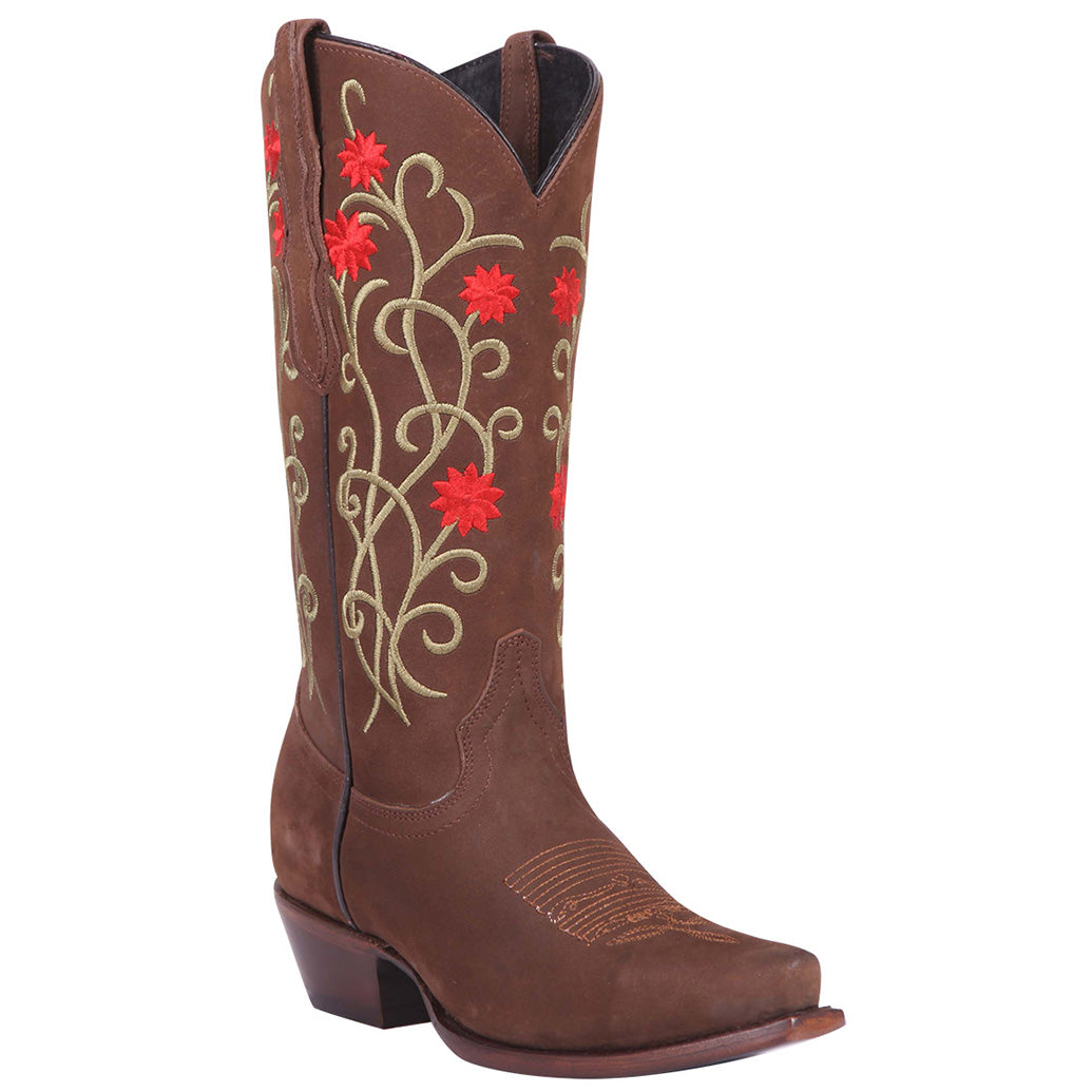 Flower Suede Snip Toe Cowgirl Boots - Camel