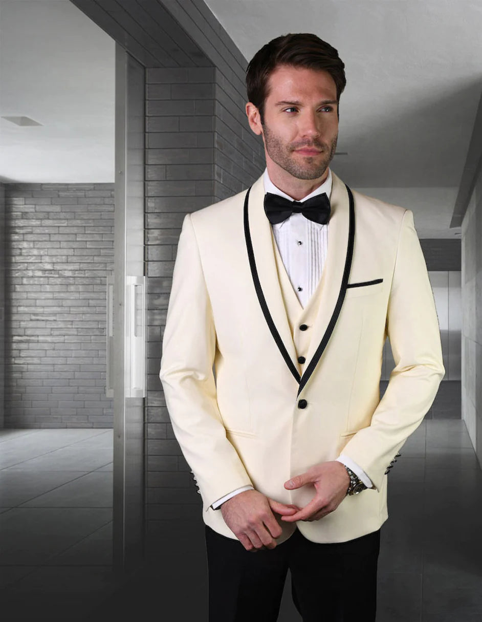"Mens Vested Wool Tuxedo Suit in Shawl Lapel with Satin Trim in Ivory & Black"