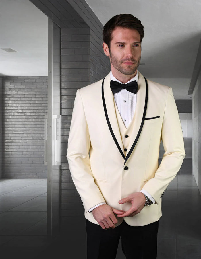 "Mens Vested Wool Tuxedo Suit in Shawl Lapel with Satin Trim in Ivory & Black" off white