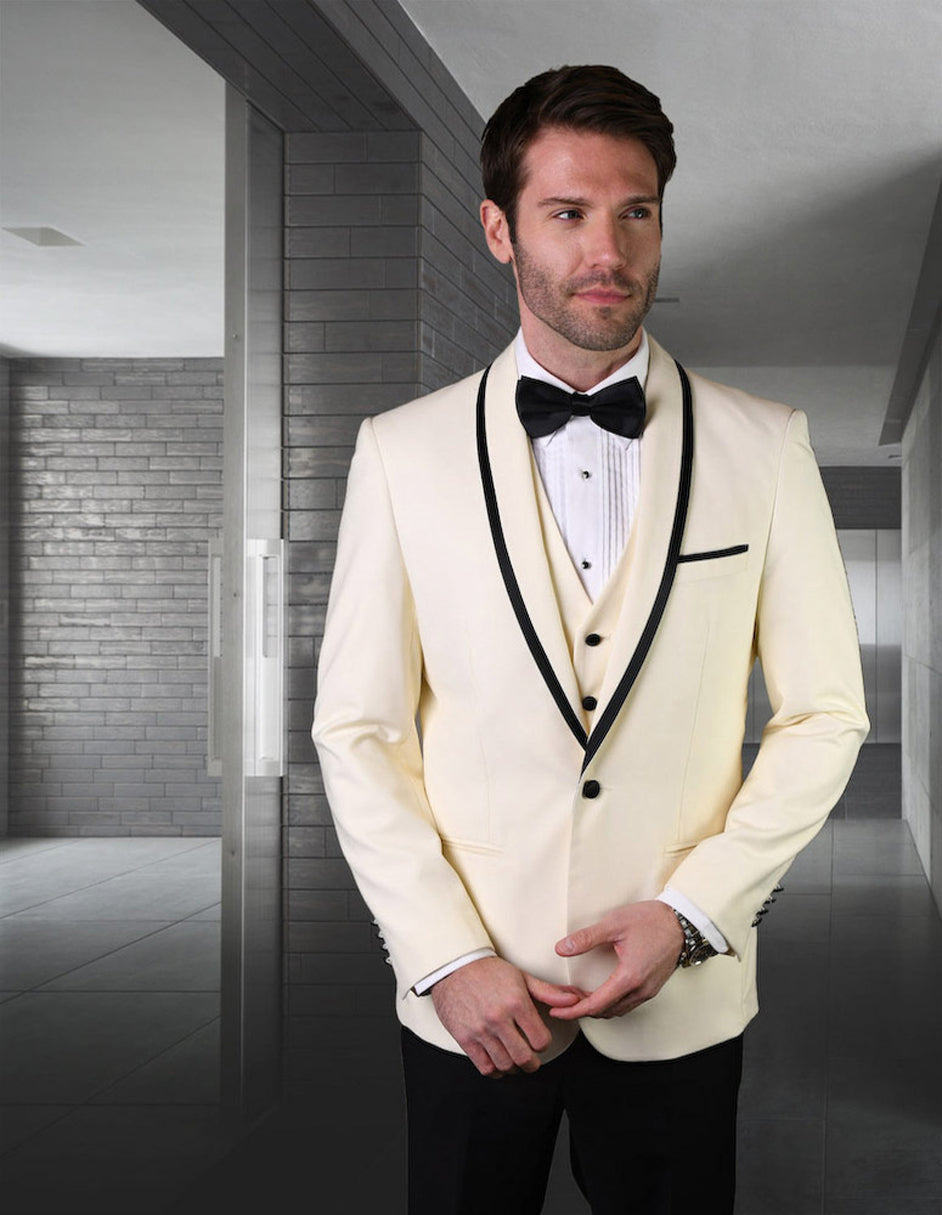 Mens Vested Wool Tuxedo in Shawl Lapel with Satin Trim in Ivory & Black - 34 Short