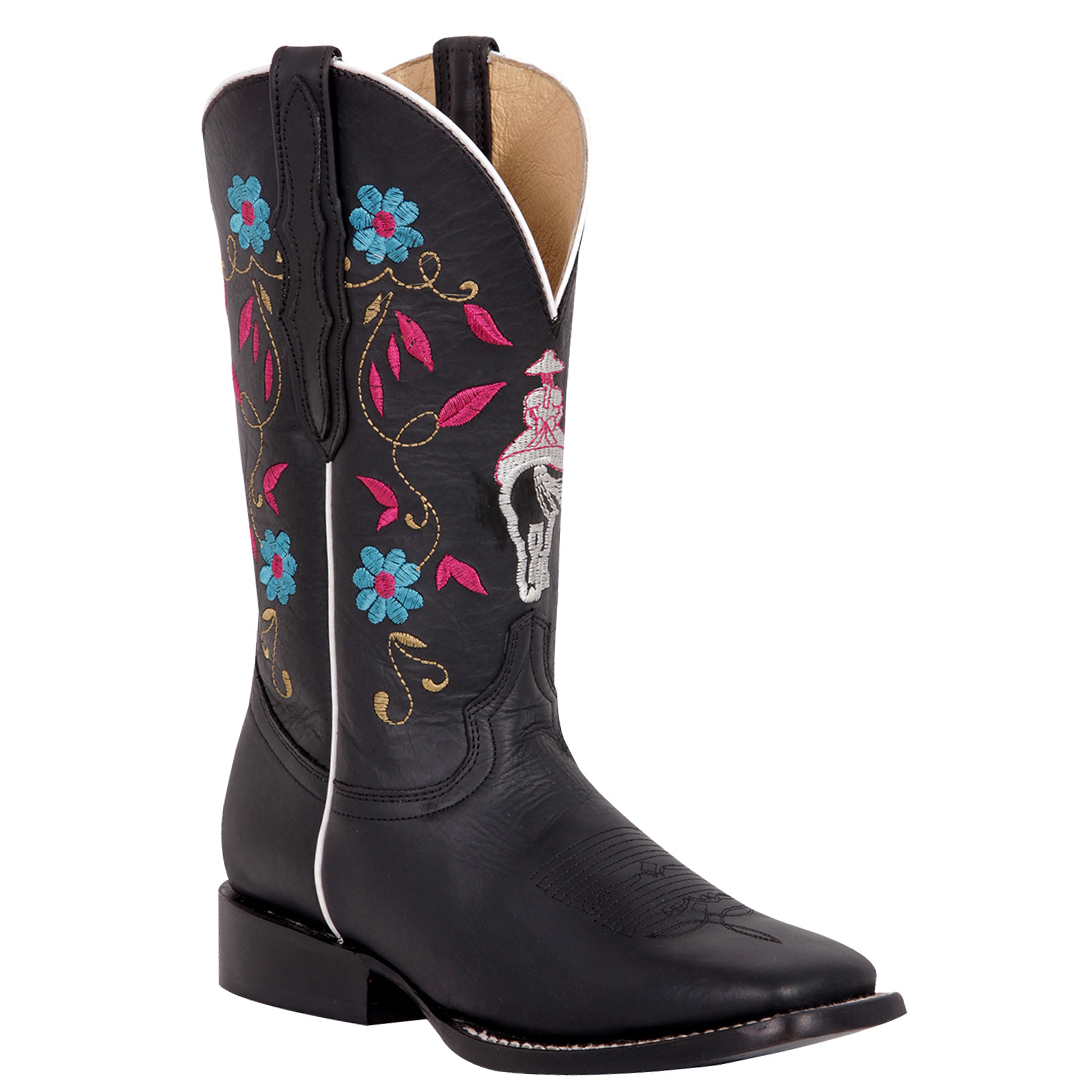 Escaramuza & Flower Embroidered Cowgirl Boots - Black