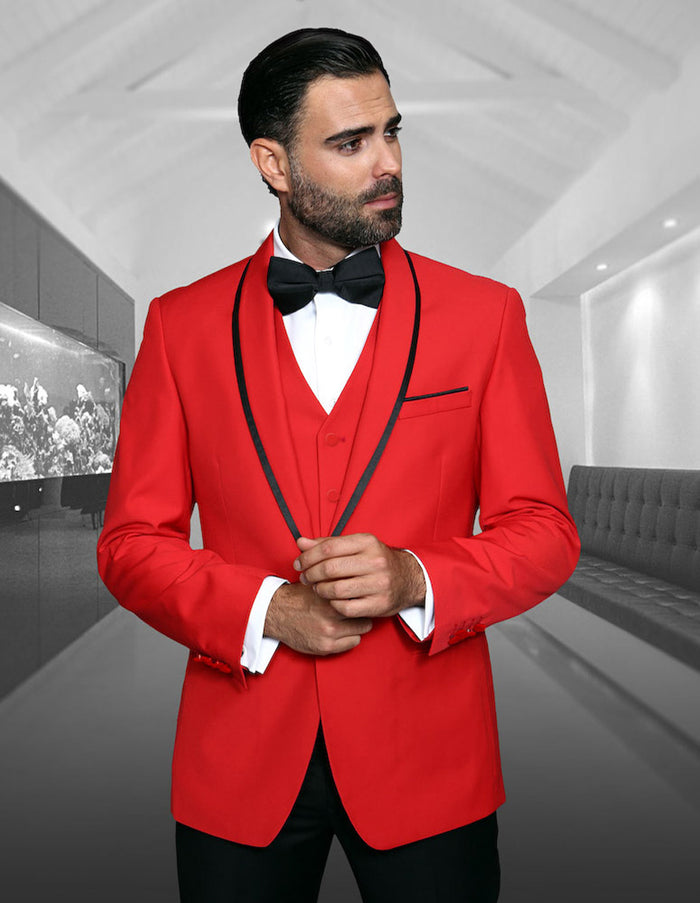 Men's One Button Vested Shawl Tuxedo In Red Birdseye With Black Satin
