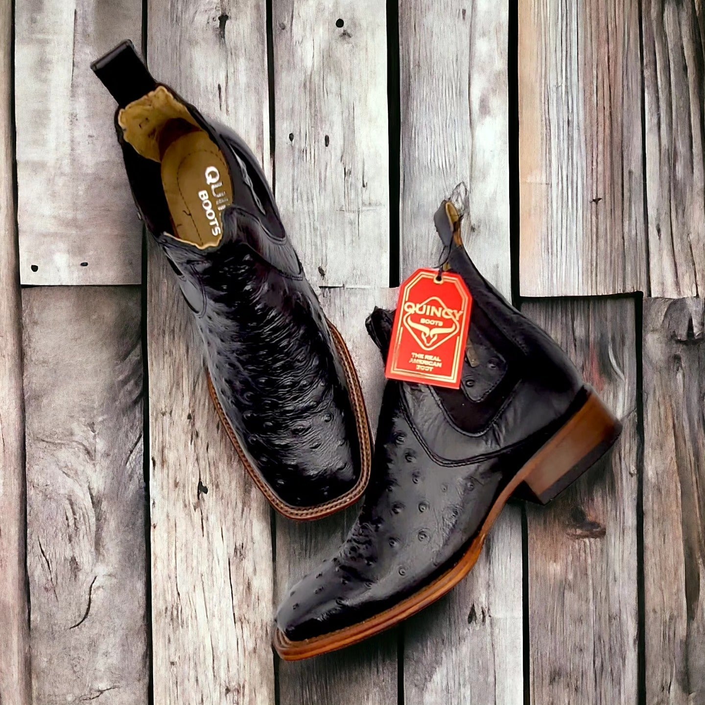 Black Ostrich Print Boots - EE