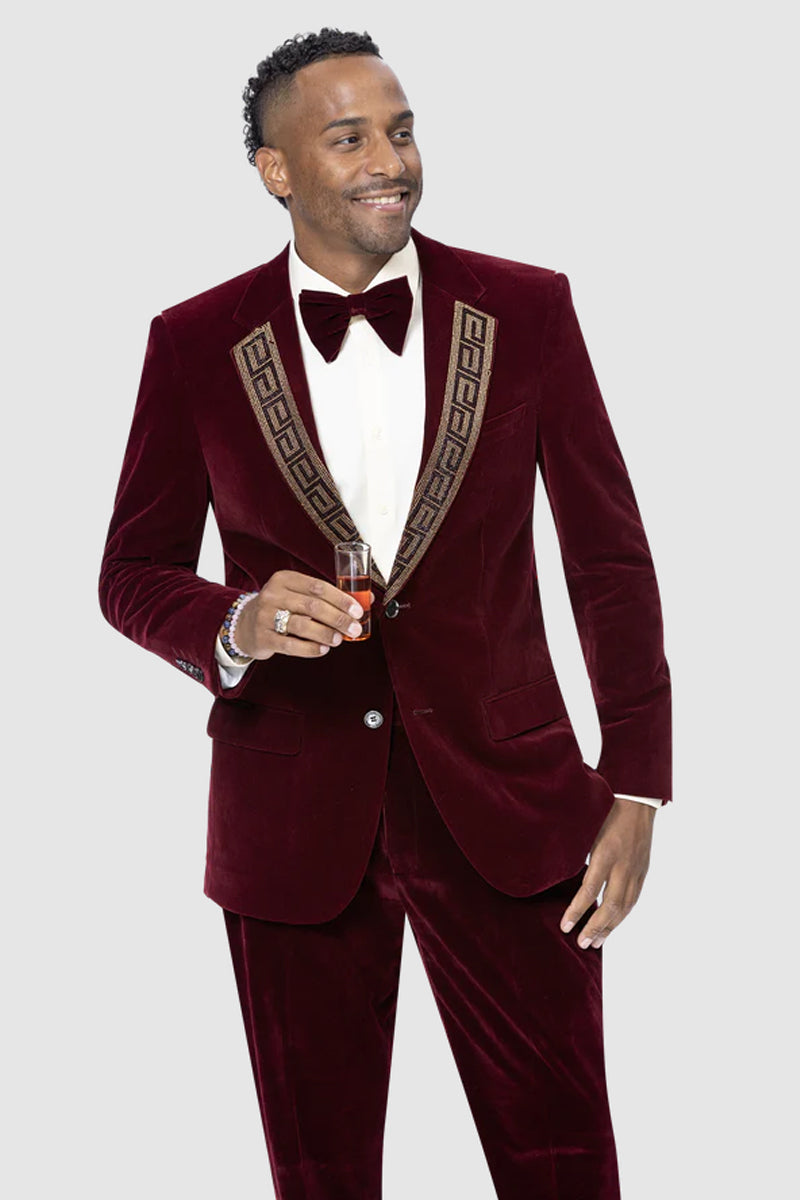 "Burgundy Velvet Tuxedo Suit - Modern Fit with Gold Sequin Lapel"