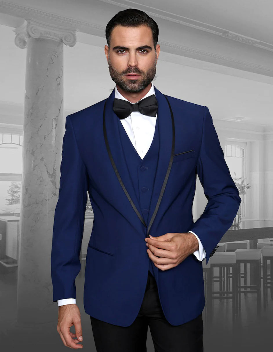 Mens Navy Blue Wedding Tuxedo - Dark Blue Tuxedo Suit"Mens Vested Wool Tuxedo in Shawl Lapel with Satin Trim in Sapphire Blue & Black