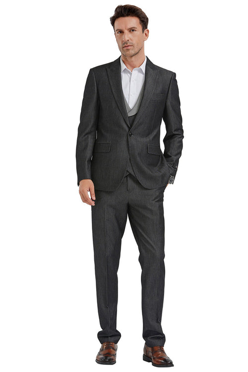 "Black Sharkskin Men's Double Breasted Vest Suit - One Button Peak Lapel"