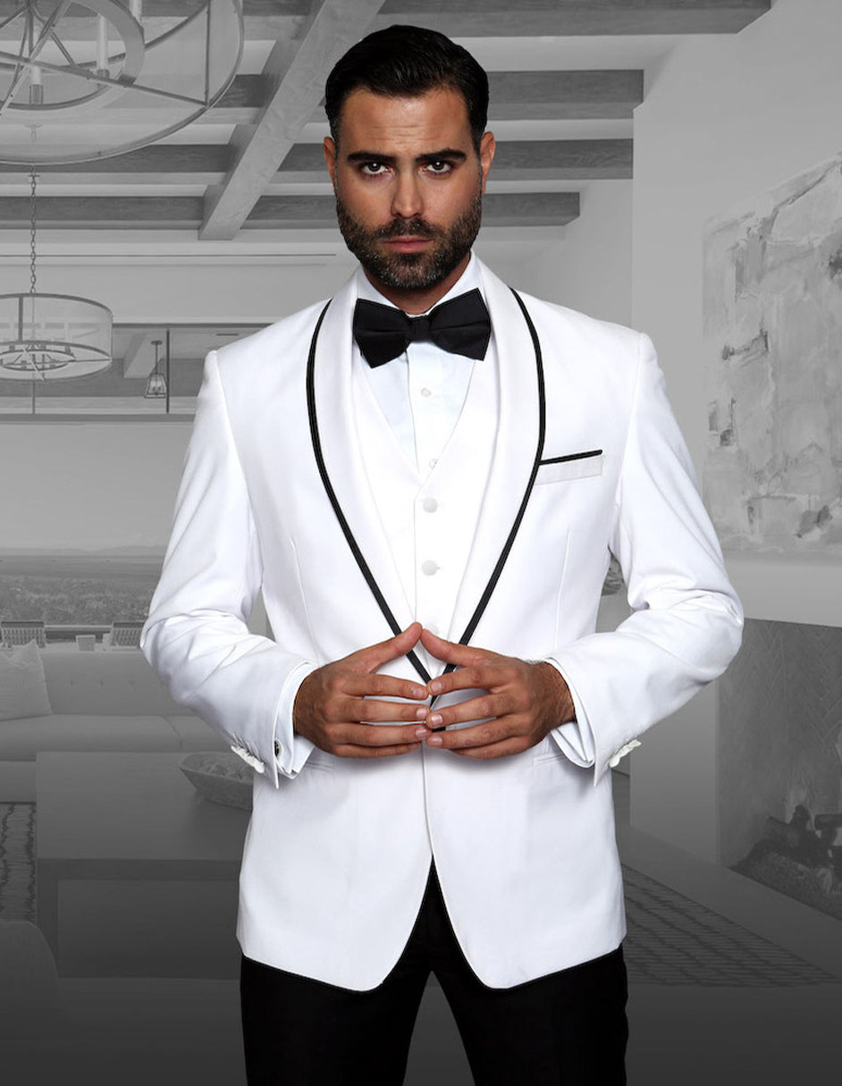 Mens Vested Wool Tuxedo in Shawl Lapel with Satin Trim in White & Black - 38 Short