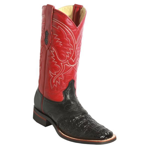 Men's King Exotic Caiman Crepe Sole Square Toe Boots With Saddle Black (48231705) - 6