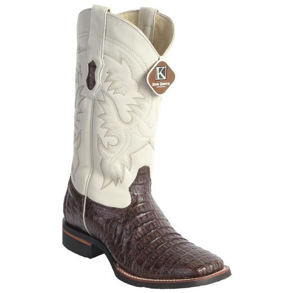 Men's King Exotic Square Toe Smooth Caiman Boots Rubber Sole Brown (48261707) - 6