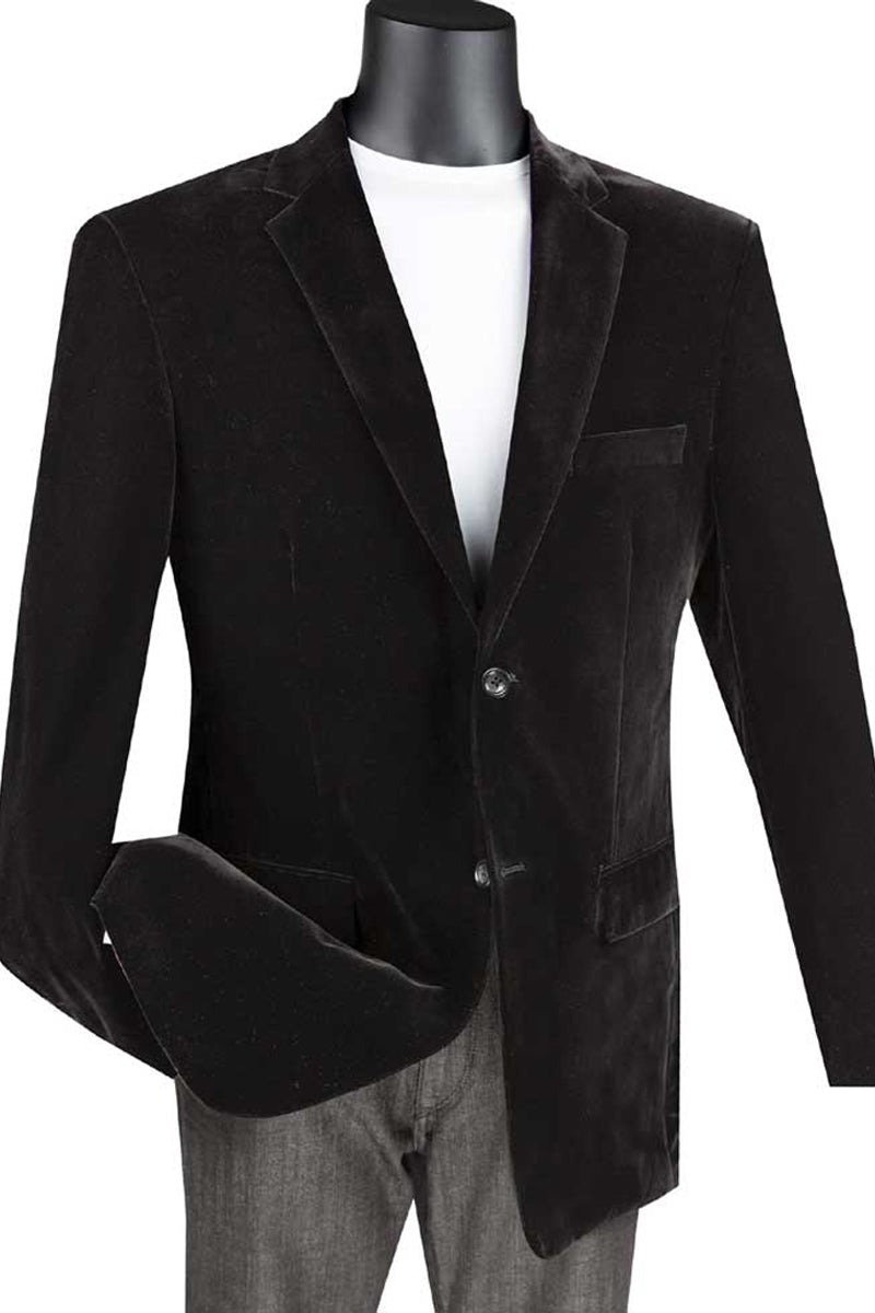 Mens Modern Fit 2 Button Velvet Blazer in Black - L