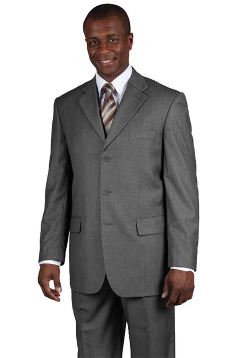 "Grey Pinstripe Men's Business Suit - 3 Button 100% Wool Classic"