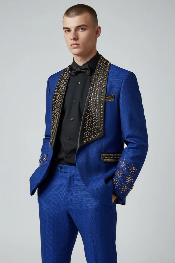 Men’s Bella Embellished Black & Royal Blue Tuxedo – 3 Piece Formal Suit with Shawl Lapel, Vest & Matching Pants - 34 Short or Extra Small