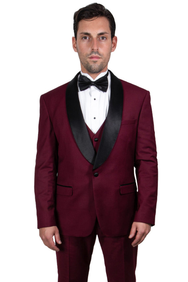 "Mens Stacy Adams Suit - Stacy Adams Suit Men's Vested Shawl Lapel Tuxedo - One Button, Burgundy" - 34 Regular